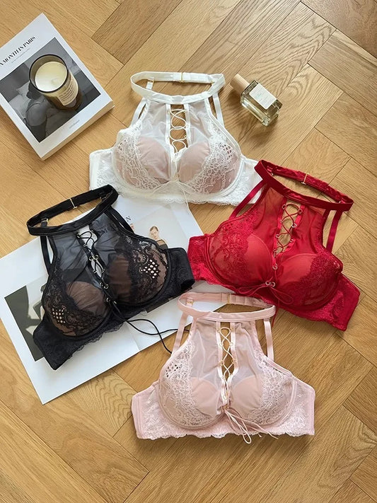 Luxury French Lace Halter Bra Small Chest Push-Up Sheer Bralette Seductive Allure Black Lingerie Set Wire-Free Comfort MOYISU AB