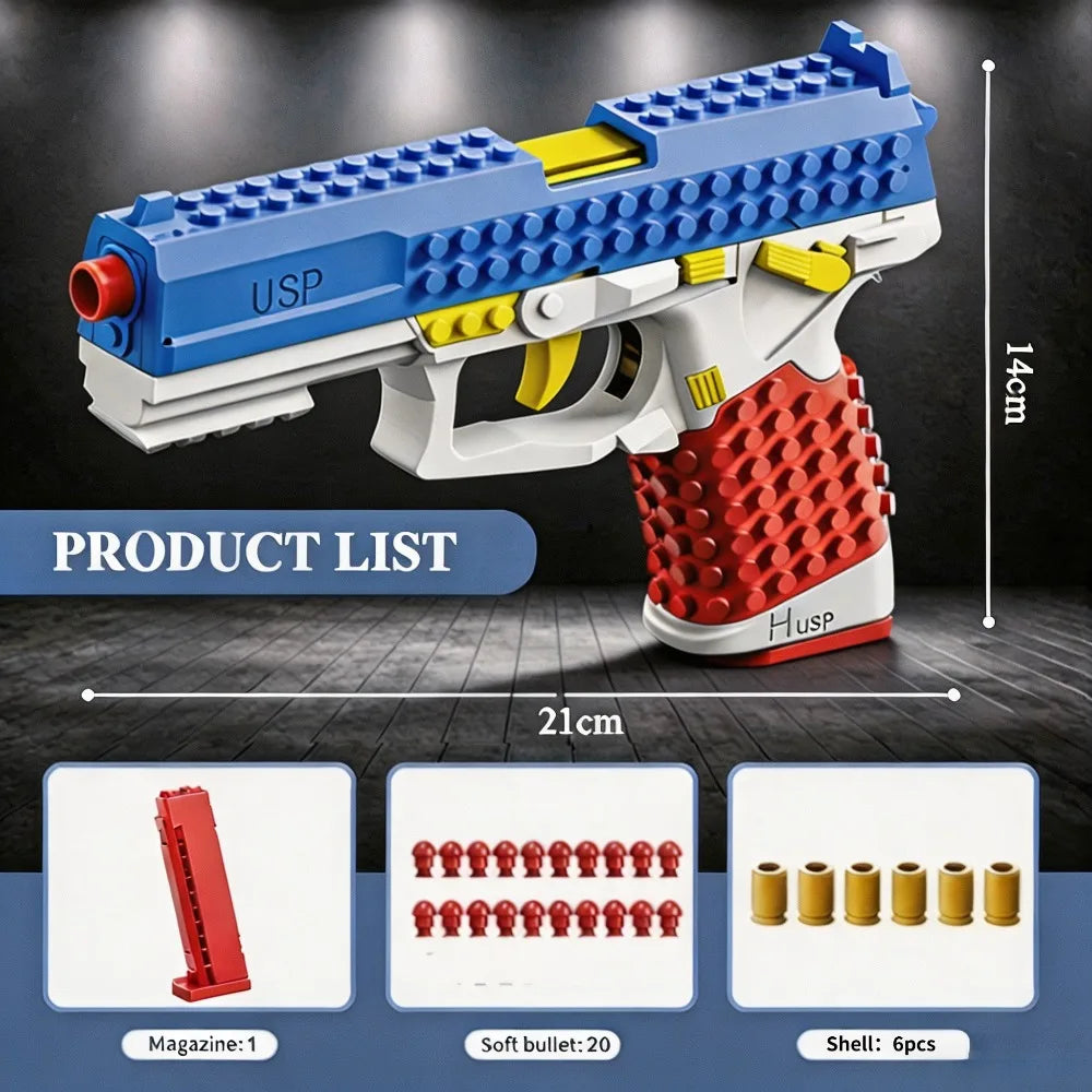 SIG17 Hanging Toy Gun Continuous Firing Building Block Pistol Shell Throwing Airsoft Blowback Toy Outdoor Shooting for Children