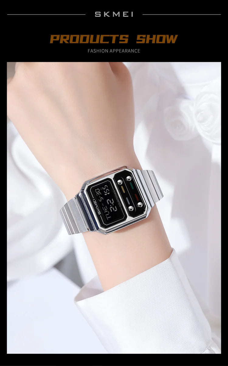 SKMEI 2448 Fashion Men Electronic Watch Vintage Business Luminous Calendar Waterproof Steel Strap Casual Digital Watches for Man