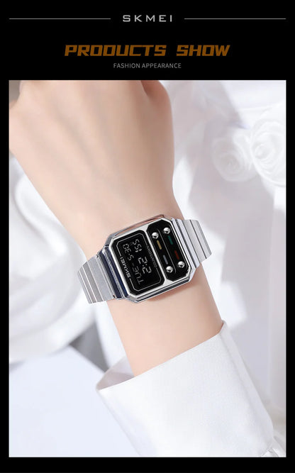SKMEI 2448 Fashion Men Electronic Watch Vintage Business Luminous Calendar Waterproof Steel Strap Casual Digital Watches for Man