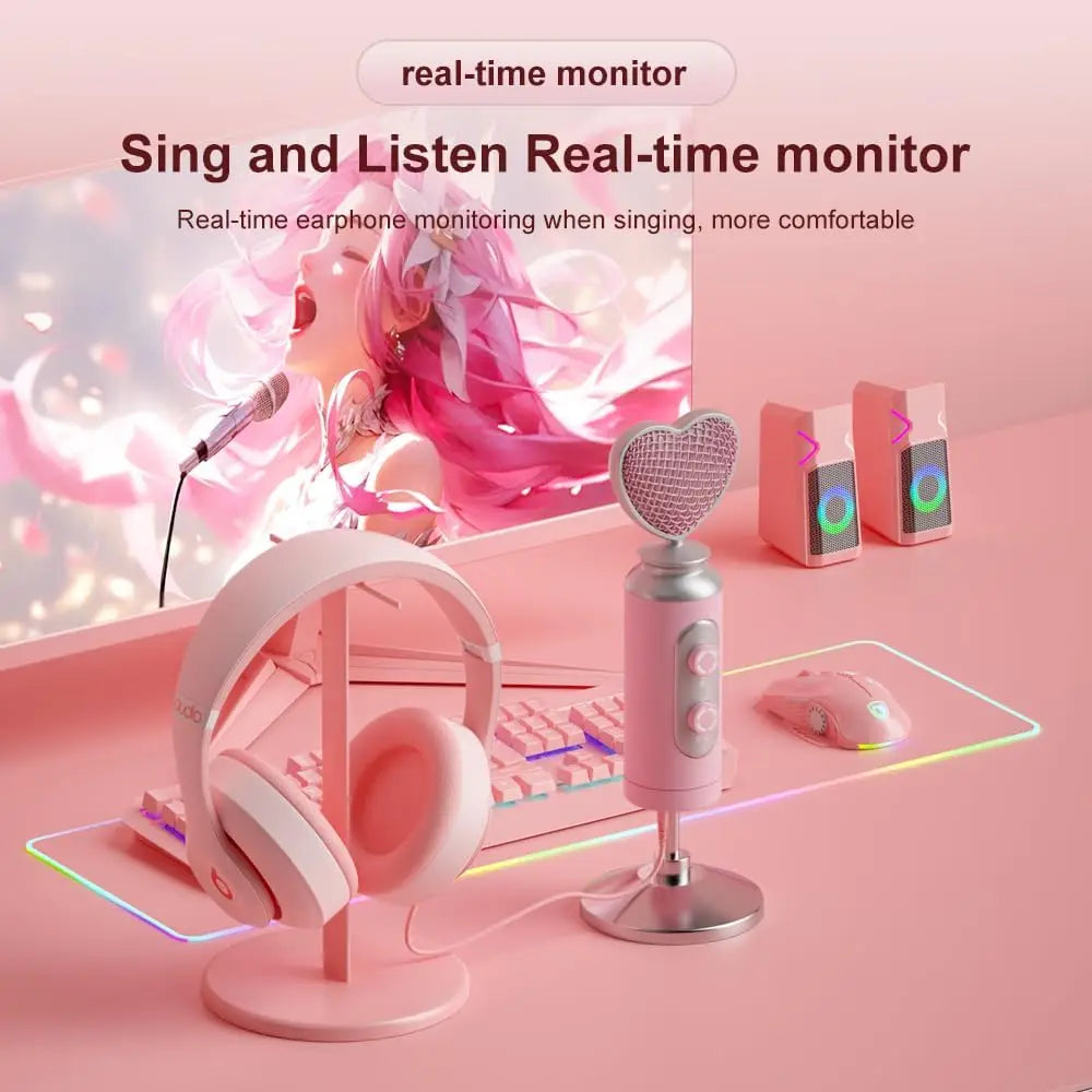 USB Gaming Condenser Mic Pink Heart Design, One-Click Mute Gain Control Plug & Play for PC Streamers Gamers and Video Creators