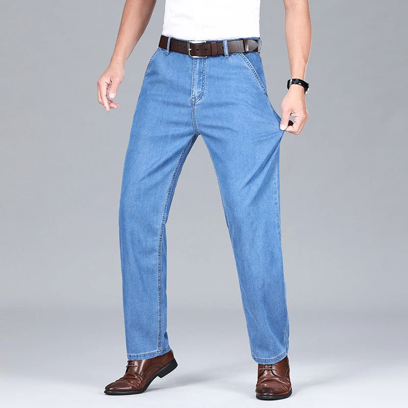 2026 Summer Brand Clothing New Men's Straight Loose Business Casual Lightweight Jeans Classic Embroidered Elastic Denim Pants