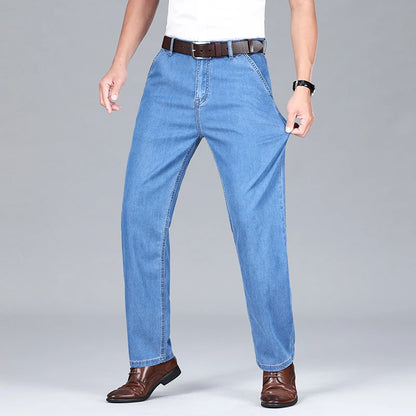 2026 Summer Brand Clothing New Men's Straight Loose Business Casual Lightweight Jeans Classic Embroidered Elastic Denim Pants