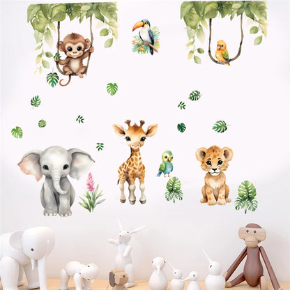 Funny Animals Party Wall Sticker For Kids Bedroom Decoration Forest Safari Monkey Elephant Mural Art Diy Home Decals Pvc Posters
