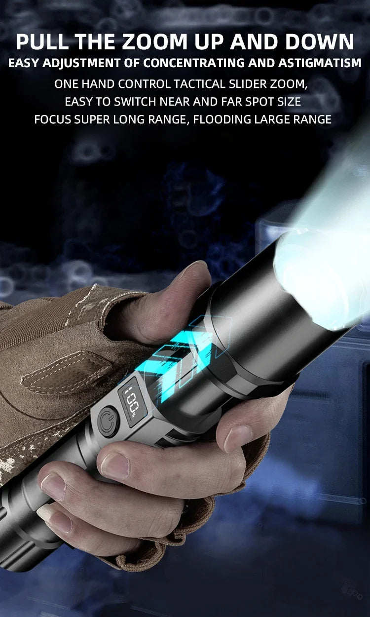 10000LM High Power LED Flashlight Long-range USB C Rechargeable Flashlight Power Display Zoom Lantern For Outdoor Camping Torch