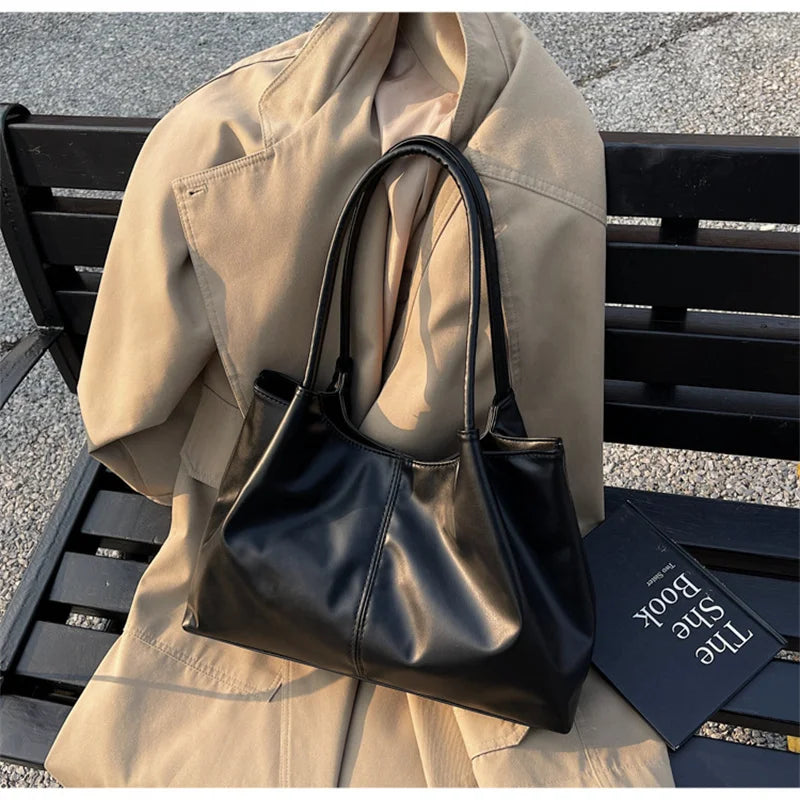 Fashion Women's Bag Large Capacity Tote Daily Commute Women's Shoulder Bag Black Soft PU Leather Handbag Shopping