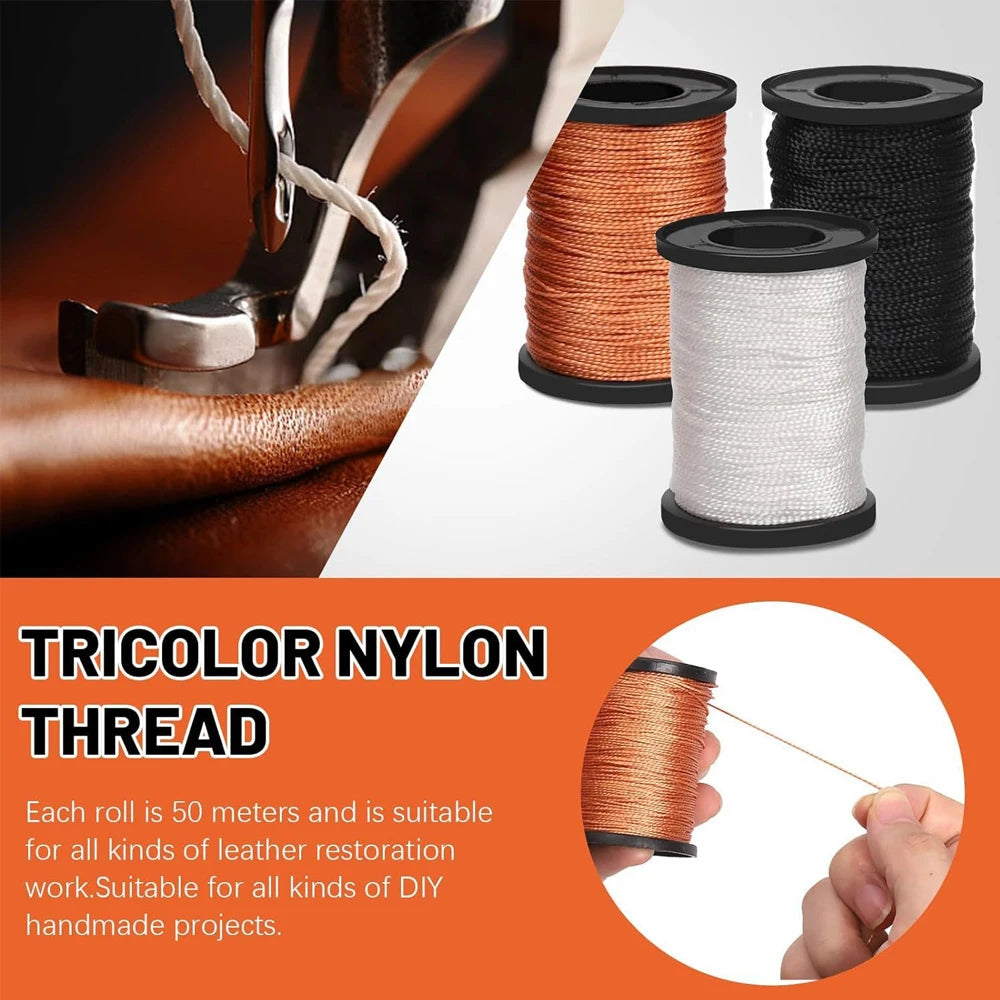 DIY Leather Sewing Kit Leather Sewing Awl Needle with Copper Handle Set Leather Canvas Tent Shoes Repairing Tool 3 Color Thread