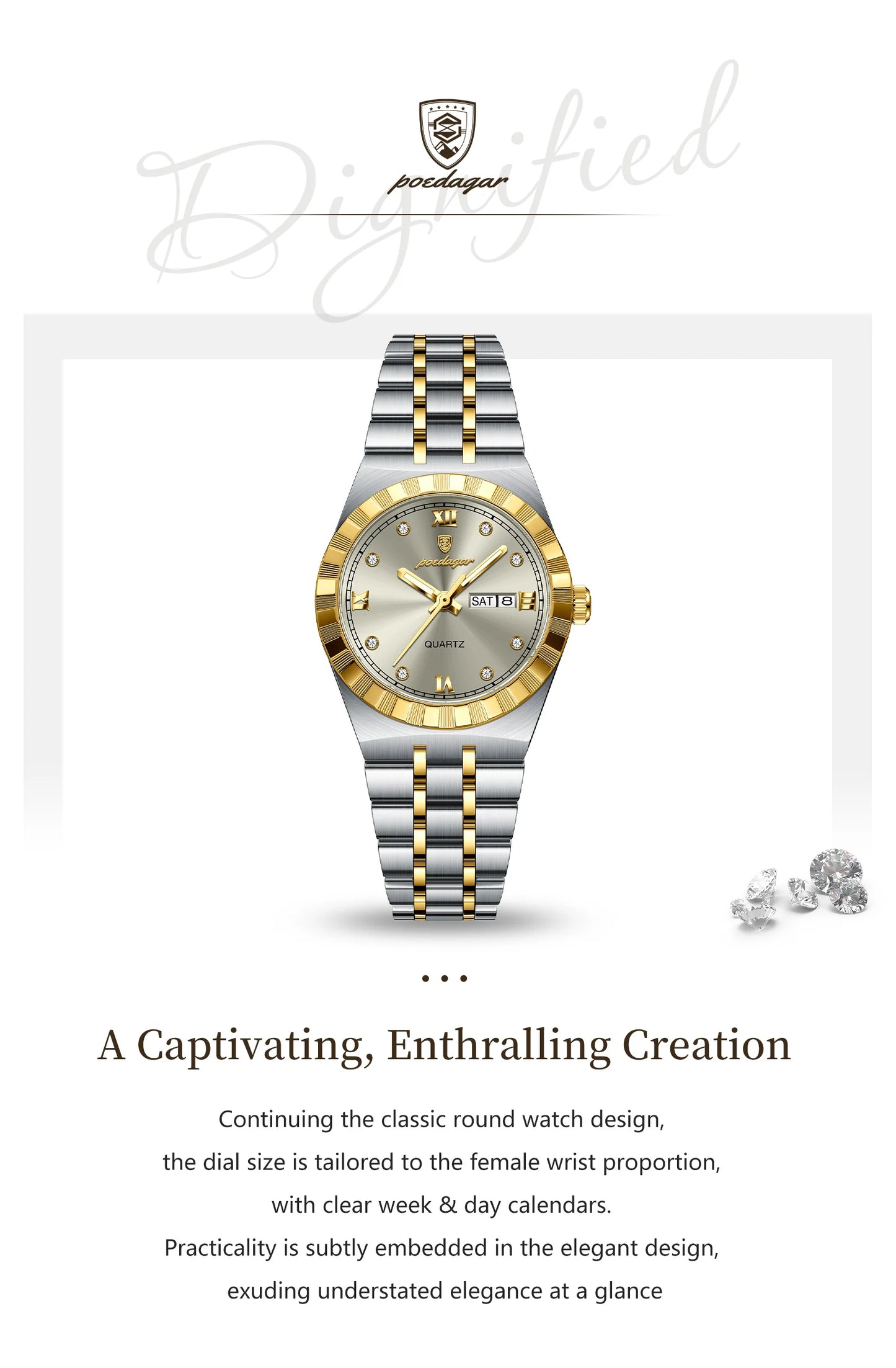 POEDAGAR Elegant Casual Ladies Watch Luminous Waterproof Week Date Fashion Woman Wristwatch Stainless Steel Women Quartz Watches
