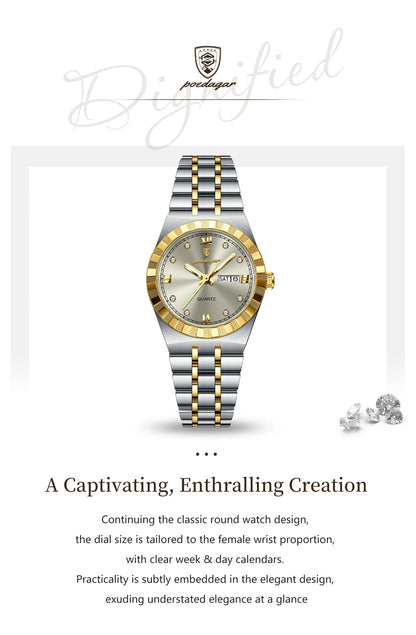 POEDAGAR Elegant Casual Ladies Watch Luminous Waterproof Week Date Fashion Woman Wristwatch Stainless Steel Women Quartz Watches