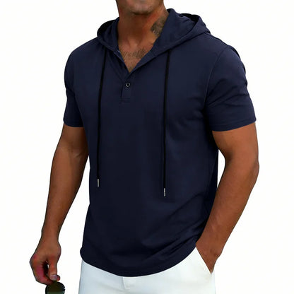 Summer Men's Short Sleeve Hooded T-Shirt Henry Neckline Drawstring Design Casual Loose Breathable Sporty Vest