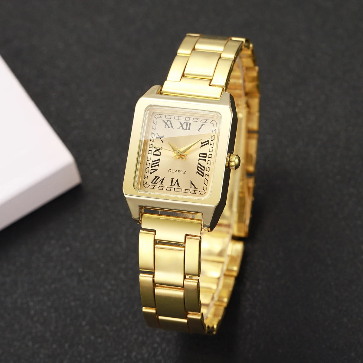 4PCS Elegant Women Square Roma Dial Quartz Watch Diamond Bracelets Set Luxury Alloy Strap Ladies Wristwatches (Without Box)