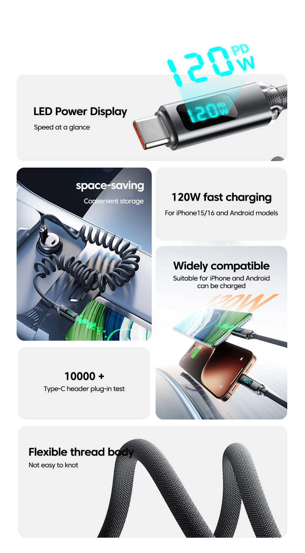 120W Spring Cable USB Type C To Type C Fast Charging LED Digital Display For iPhone 15 16 Samsung Huawei USB C To USB C Cable