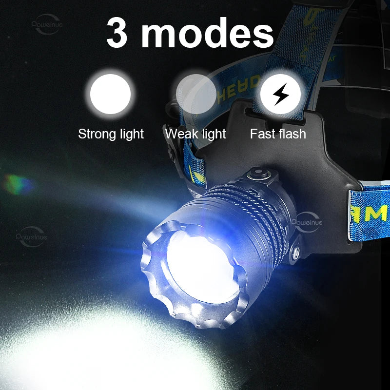 2000W Most Powerful LED Headlamp Super Bright Waterproof Head Flashlight Long Range 6000M Tactical Head Torch Fishing Headlight
