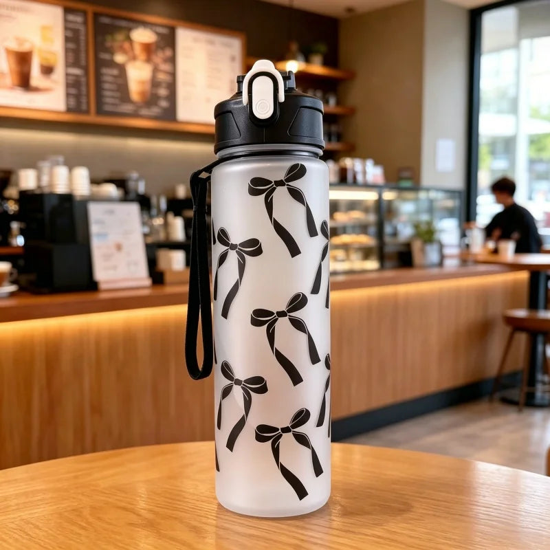 750ML Matte PC Water with Cute Bowknot Pattern Leakproof Includes Straw and Carry Handle Spring-Loaded Lid Bottle