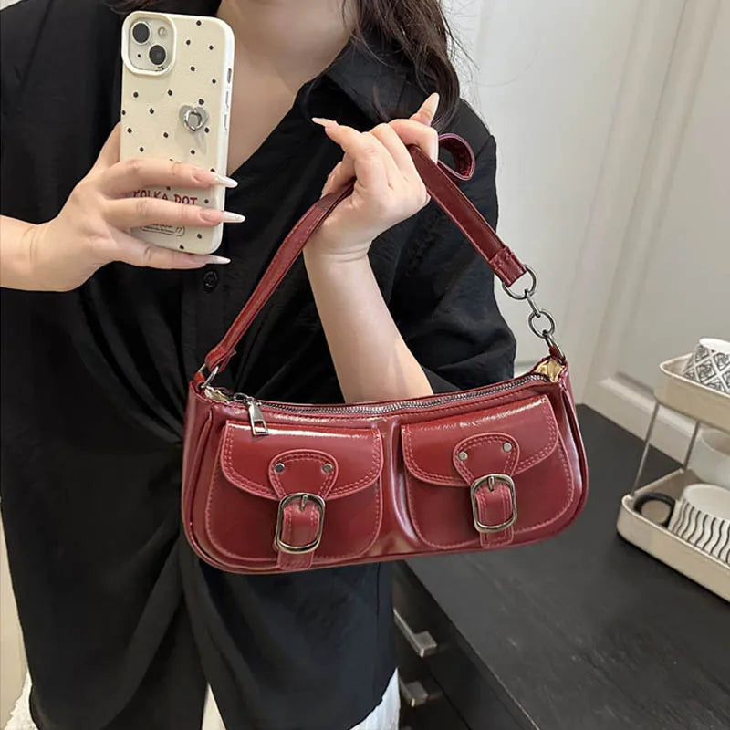 Fashion Pu Leather Women's Shoulder Bag Small Double Pocket Design Ladies Underarm Bags Y2k Vintage Female Handbags Clutch Purse