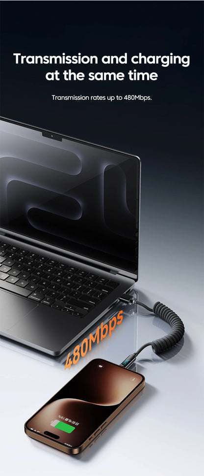 120W Spring Cable USB Type C To Type C Fast Charging LED Digital Display For iPhone 15 16 Samsung Huawei USB C To USB C Cable