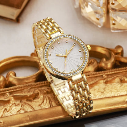 Luxury Gold Watch Bracelet Set for Women | Crystal Bezel | Heart Charm | Leaf Link | Elegant Gift Set