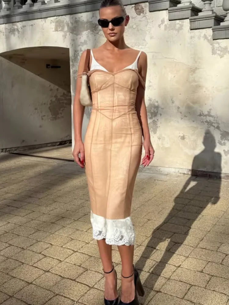 Lace Hem Corset Style Long Dress Skin Tone Mesh Vertical Stitch Slim Mid Length Silhouette 2026 Summer Holiday Women Daily Wear