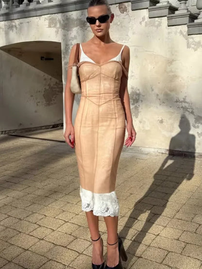 Lace Hem Corset Style Long Dress Skin Tone Mesh Vertical Stitch Slim Mid Length Silhouette 2026 Summer Holiday Women Daily Wear