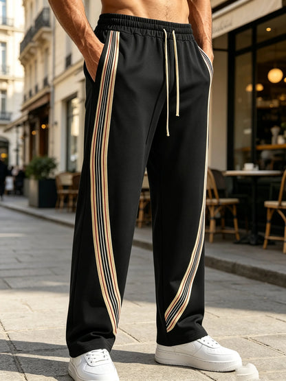 Men Striped Side Track Pants Elastic Drawstring Waist Sweatpants Straight Leg Joggers Streetwear Loose Sport Pants Daily Workout