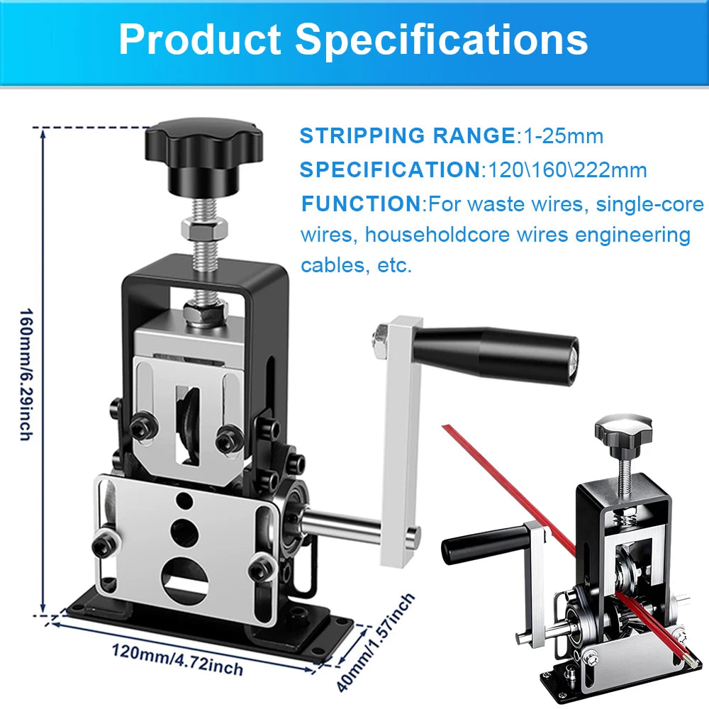1-70mm² Wire Stripper Manual Wire Stripping Tool Cable Stripper Peeling Machine Compatible with Hand Crank Electric Drill Peeler