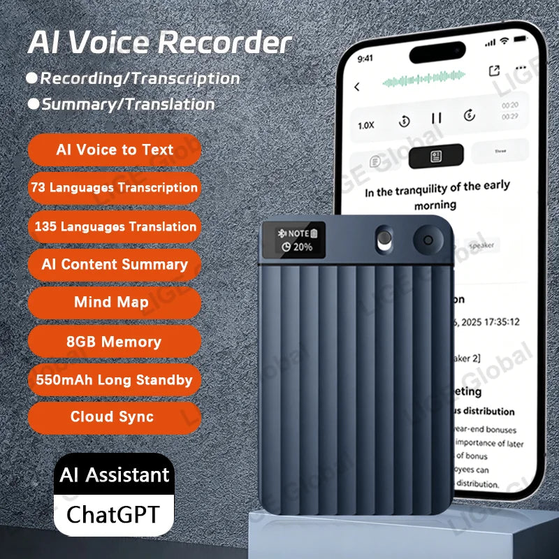 LIGE AI Voice Recorder GPT Intelligent APP Control Audio Mind Map Real Time Transcription Translate Summary Phone Call Recording