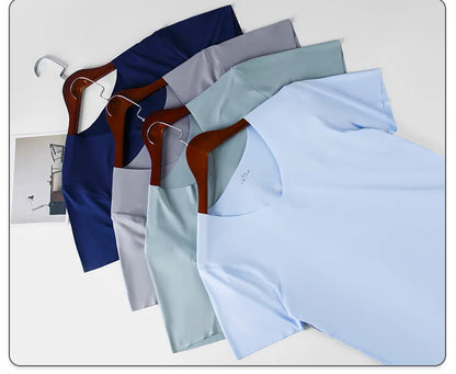 1pcs Men T-shirts Ice Silk Traceless Slim T Shirt For Man Seamless Casual V-neck Short Sleeve Tee Male Summer Thin Clothing Tops