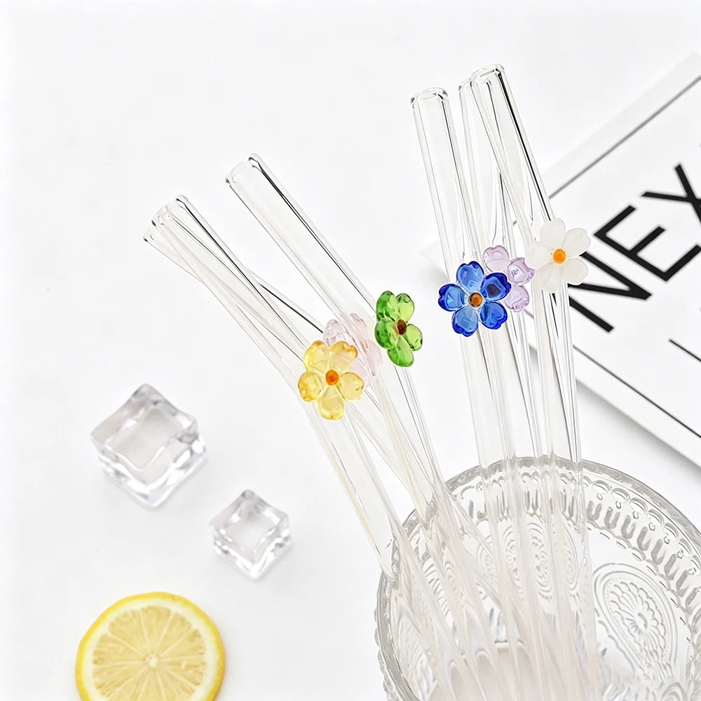 6PCS Reusable Drinking Straws Cute Flower Glass Straws with Cleaning Brush for Coffee Lover Smoothies Frozen Drinks Tea Juice