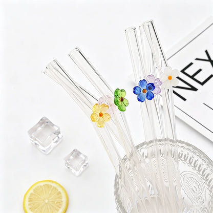 6PCS Reusable Drinking Straws Cute Flower Glass Straws with Cleaning Brush for Coffee Lover Smoothies Frozen Drinks Tea Juice