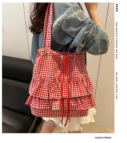 Cute Plaid Cotton Tote Bag Large Capaci Lace Trim Women's Summer 2026 Simple Lady Handbag Soft Shoulder Bags Bolsa Feminina