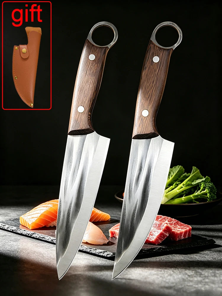 Kitchen Chef Knife with Sheath Meat Cleaver Boning Slicing Sushi Fish Beef Cutting, Wood Handle ﻿