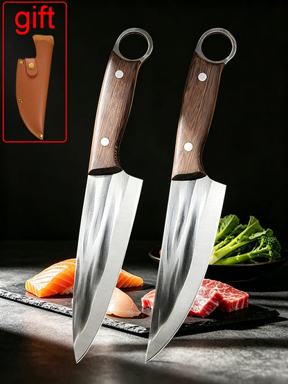 Kitchen Chef Knife with Sheath Meat Cleaver Boning Slicing Sushi Fish Beef Cutting, Wood Handle ﻿