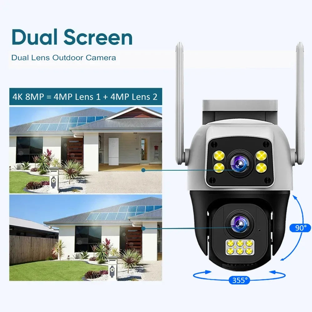 V380Pro 8MP 4G WiFi Dual Lens Dual Screen PTZ Camera IP66 Waterproof Human Detection Security Cam