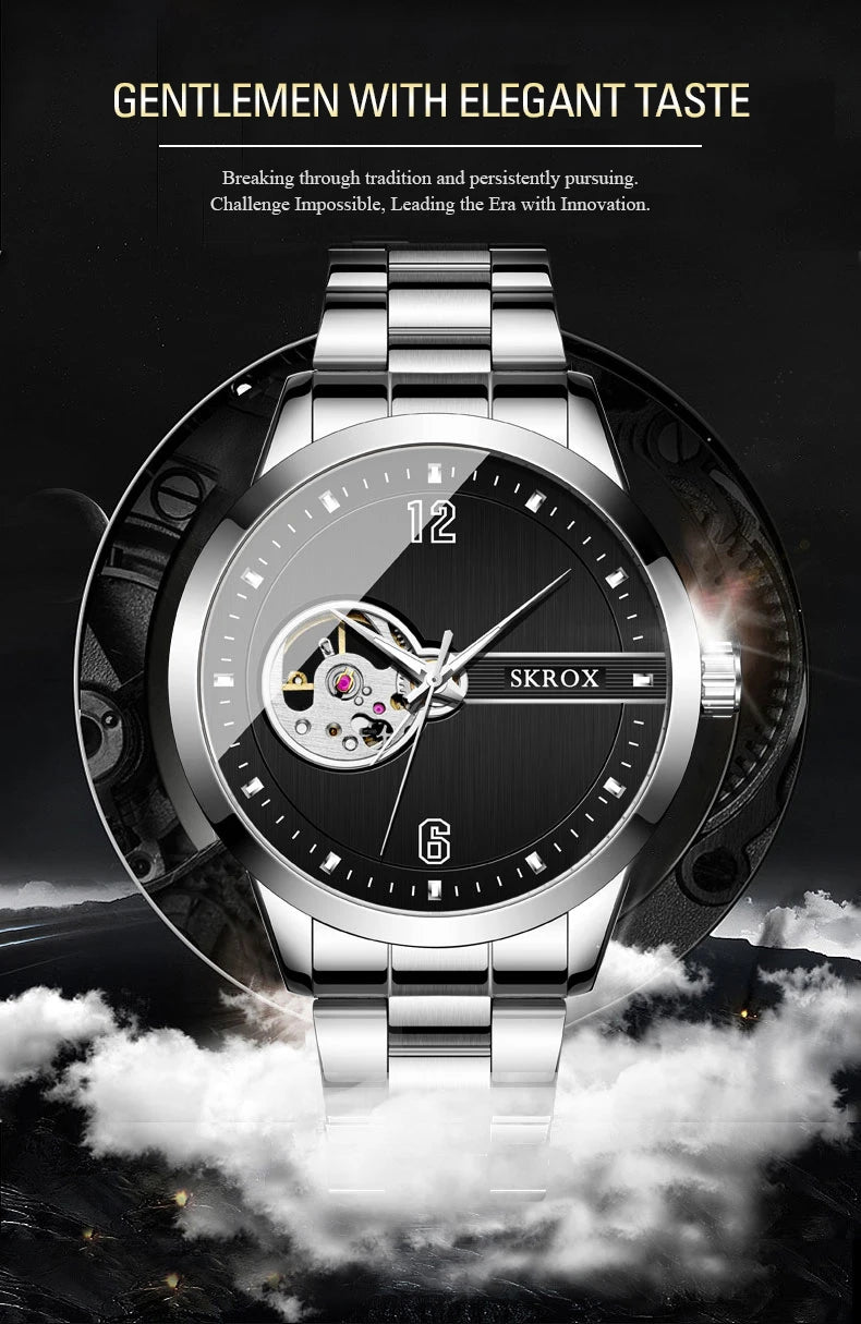 SKROX Original Luxury Brand Waterproof Tourbillon Automatic Clock Steel Skeleton Mechanical Man Watch Business Male Wristwatches