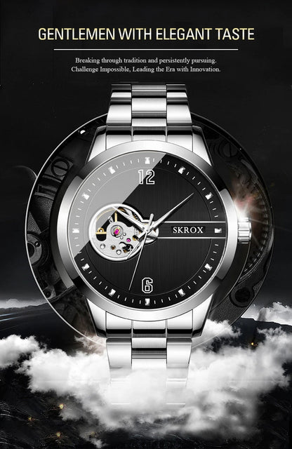 SKROX Original Luxury Brand Waterproof Tourbillon Automatic Clock Steel Skeleton Mechanical Man Watch Business Male Wristwatches
