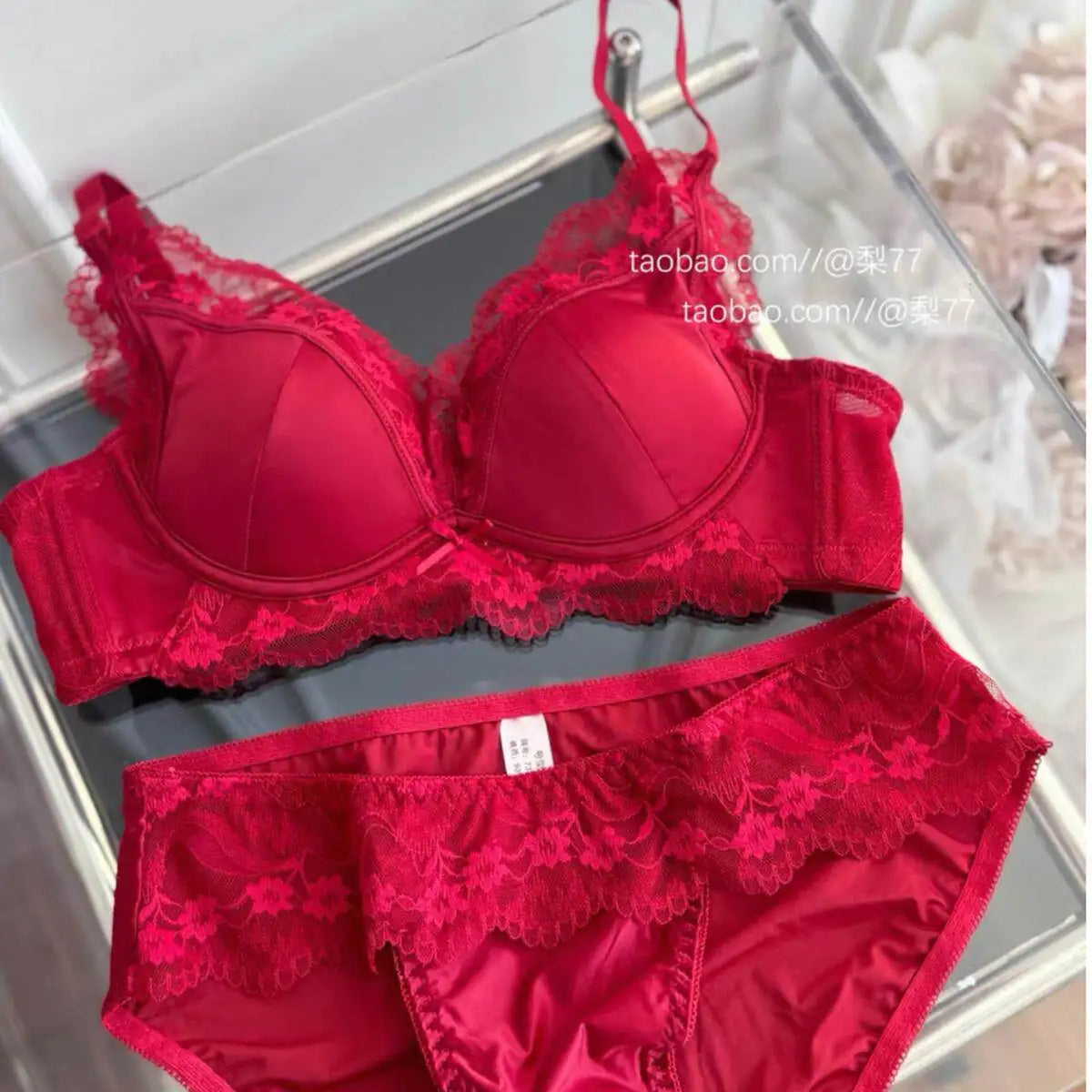 French Style Lace Satin Splice Bra Set Women Small Chest Gathered Lift Up Comfortable Soft Daily Underwear Lingerie Suit 32-38AB