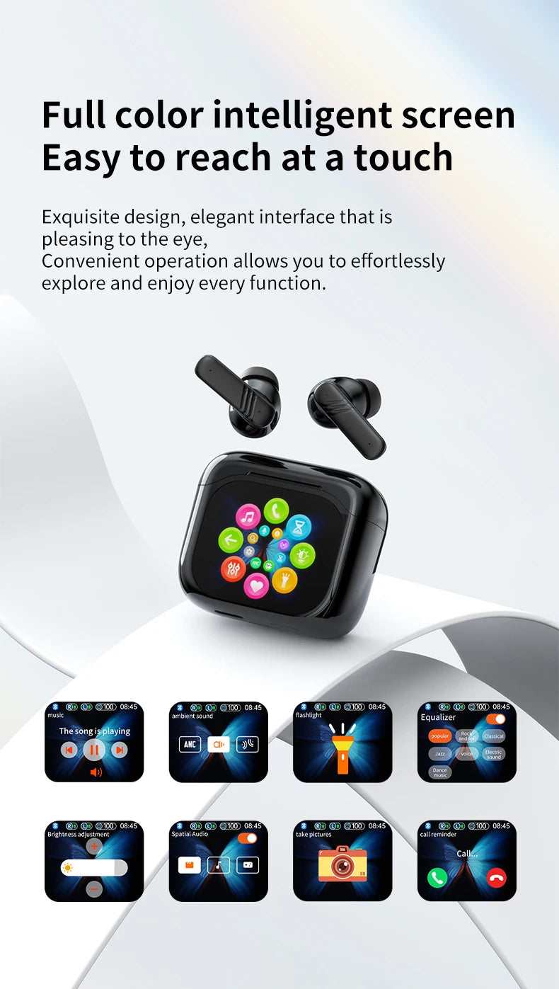 AI Translator Bluetooth Earbuds, LCD Touch Screen TWS Headset with Noise Reduction & Noise Canceling, Wireless Travel Headphones
