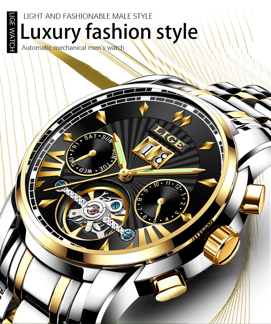 2026 LIGE Automatic Mechanical Wrist Watches For Men Top Brand Luxury Tourbillon Men Watch Fashion Business Waterproof Watch Men