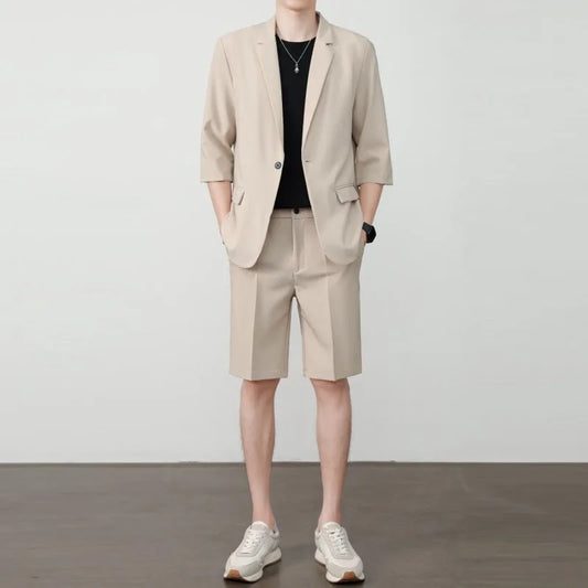 KIDWHXR Summer Men Outfit Thin Breathable Solid Color Male 2-piece Suit Set Loose Business Casual Man Short Sleeve Suits