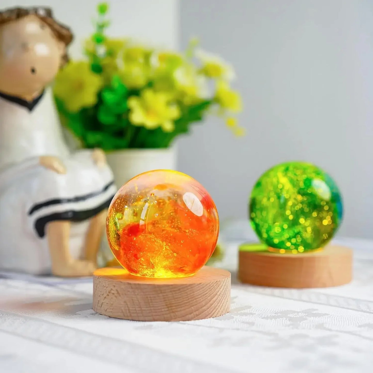 5-8cm Solid Wood LED USB Lamp Holder Display Base Night Light Luminous Bottle Coasters Crystal Ball Glass Ornament Stand Decor
