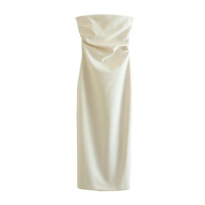 Women Fashion Strapless Gathered Midi Dress Sexy Straight Neck Back Slit Female Dresses Vestidos Mujer