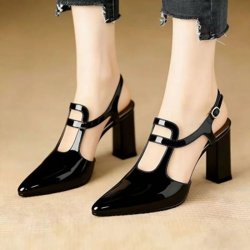 Women Pumps Pointed Toe Block High Heels Slingback Mary Janes Cutout Ankle Strap Elegant Office Career Dress Shoes