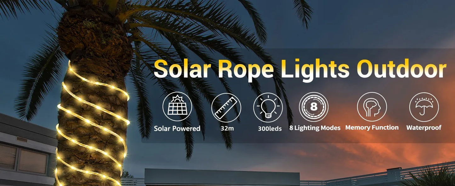LED Solar Strip Rope Tube Fairy Light Solar Powered Garland String Light Christmas Decor for Outdoor Garden Lawn Tree Yard Fence