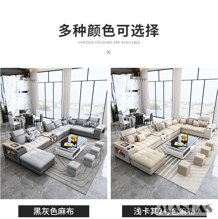 Modern U-Shaped Fabric Couch with Stools, Sectional Sofa Set with Storage Console & Cup Holder, Modular Corner Sofa with Pillows