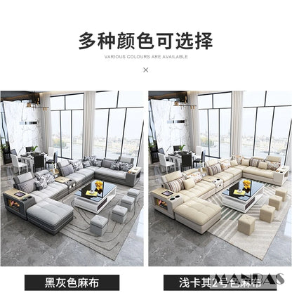 Modern U-Shaped Fabric Couch with Stools, Sectional Sofa Set with Storage Console & Cup Holder, Modular Corner Sofa with Pillows