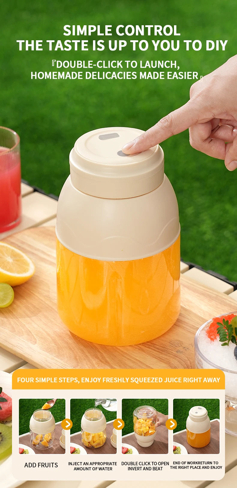 Portable Electric Citrus Juicer and Smoothie Blender, 28 Ounce Portable Fresh Juicer with Straw and 2 Lids, Mini Fruit Blender