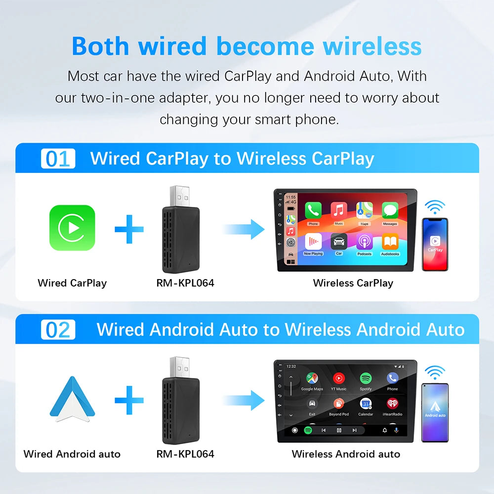2 in 1 AI Box Mini Adapter Wired to Wireless Carplay&Android Auto Compatible with 99% of Cars Plug and Play WiFi Smart Dongle