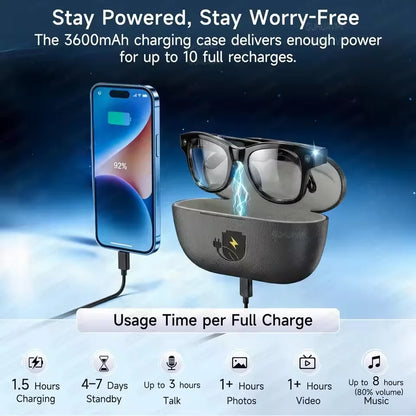 2026 AI Smart Glasses M02 Ultra 1080P HD Camera ChatGPT 3600mAh Charging Case Power Bank 32GB Translation Music Video Sunglasse