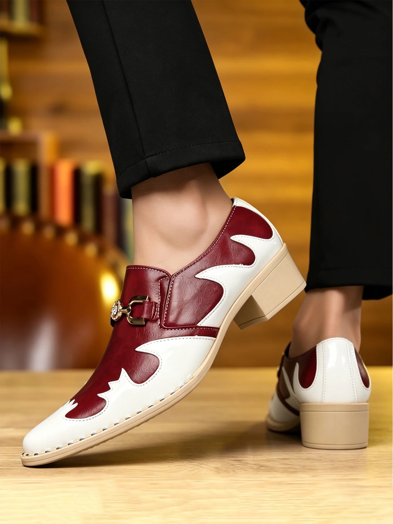 Breathable Comfort Low Heel Men Loafers White Red Patchwork Leather Slip On Business Wedding Casual Dress Shoes