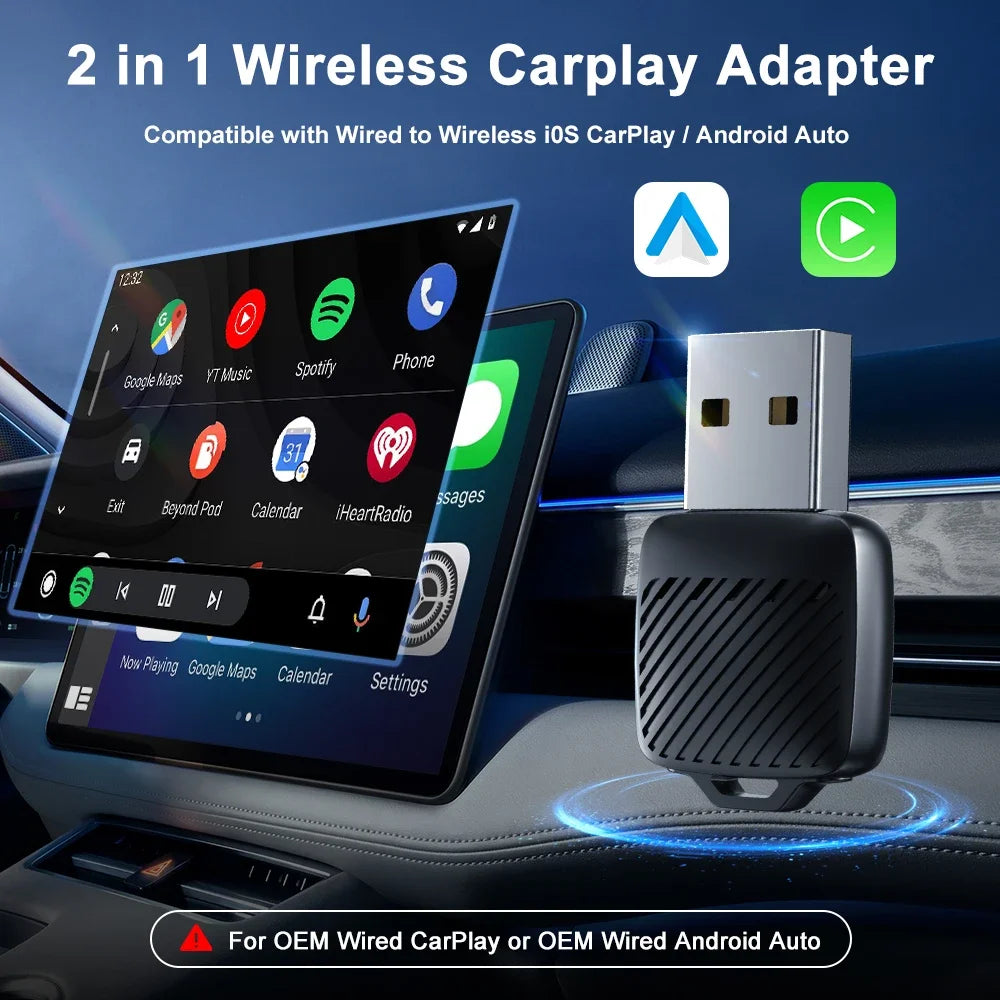 2 in 1 Wired to Wireless Car CarPlay Adapter Android Auto AI Box Plug & Used for OEM Wired CarPlay AA Navigation System